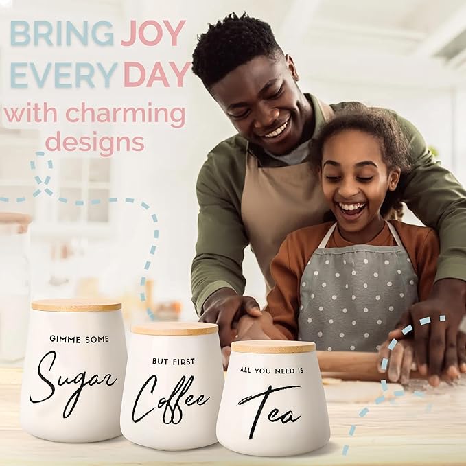Coffee Tea and Sugar Ceramic Canister Set - 3-Piece Airtight Kitchen Canisters for Countertop - Coffee Bar Container Set-Ruum Studio Home