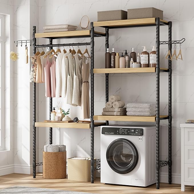 5-Tier Over-The-Washer Shelf - Adjustable 28" Laundry Organizer with 100lb Double Wood Shelves, Space-Saving Storage Unit for Small Homes (Natural & Black)-Ruum Studio Home