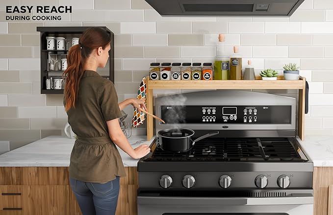 Edgecrest Bamboo Over The Stove or Sink Modern Spice Shelf, No Annoying Middle Screw, 31.5” Wide Storage, 11.4” High Countertop Shelf, 6 Side Hooks, Easy to Assemble, Eco-Friendly Durable Material-Ruum Studio Home