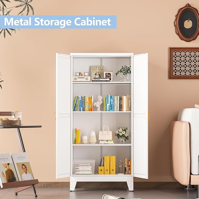 White Metal Storage Cabinet, 48" Steel Cabinets for Home Office, Kitchen Pantry Storage Cabinet with Doors and 3 Adjustable Shelves, for Office, Home, Garage, School-Ruum Studio Home