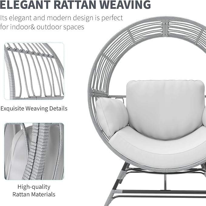 Egg Chair Outdoor Indoor, Oversized Rattan Chair with Thicken Cushion, 350LBS Capacity Wicker Patio Lounge Chair, Basket Chair for Living Room Balcony Porch Backyard, Grey/Light Grey-Ruum Studio Home