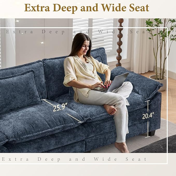 URRED Modular Sectional Sofa Comfy Cloud Couch, Modern Chenille Sofa Sleeper Deep Seat Couches with Ottoman/Pillows for Living Room (Blue, 117''- L Shape)-Ruum Studio Home