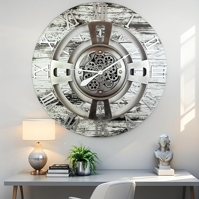 The Gears Clock 24'' Inch Real Moving Gear Wall Clock England Line (Grey & White, 24 inches (60 cm))-Ruum Studio Home