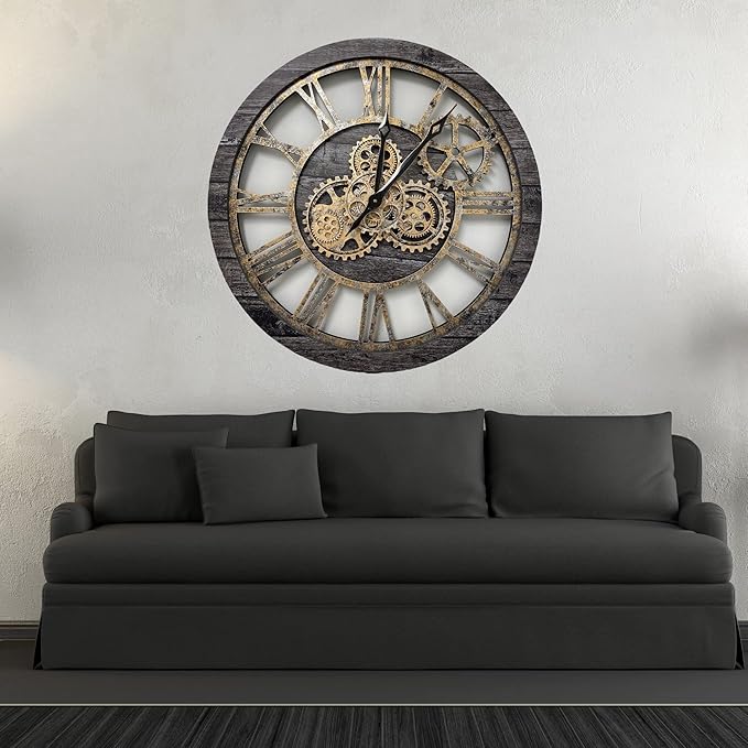 The Gears Clock The Original Real Moving Gear Wall Clock Vintage Industrial Oversized Rustic Farmhouse (24 inch (60cm), Vintage Carbon Grey and Bronze)-Ruum Studio Home