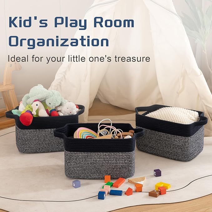 Storage Basket for Organizing, Woven Baskets for Storage, Rectangle Decorative Baskets for Shleves, Closet, Toys, Books, Nursery Organizer Bins - Pack of 3 (Blue & Black)-Ruum Studio Home