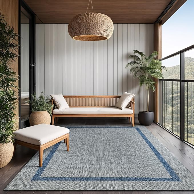 Bordered Outdoor Rug 9x12 Washable Outside Carpet for Indoor Patio Porch Waterproof Easy Cleaning Non Shedding Area Rugs Silver Gray - Blue 9 x 12-Ruum Studio Home
