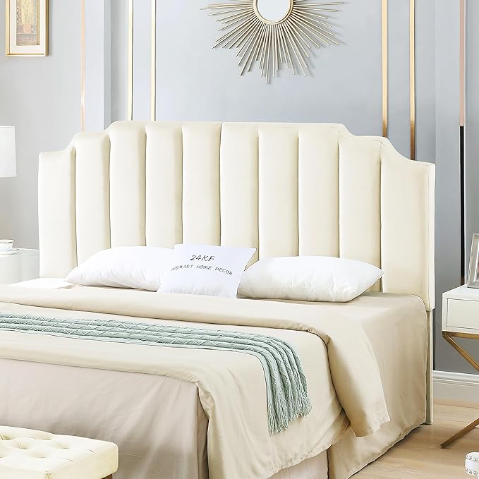 24KF Cream Velvet Tufted King Upholstered Headboard, Modern Vertical Channel Design California King Headboard with Stepped Silhouette Top Edge,Cream-Ruum Studio Home