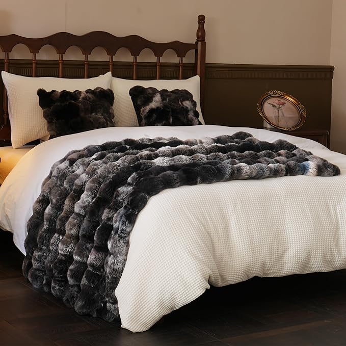 BENVWE Fluffy Faux Fur Throw Blanket for Couch, Soft Plush Thick Cozy Fuzzy Luxury Minky Bubble Blanket for Home Living Room Decor Gift for Women, Tie-dye Grey, 60" x 80", 1100GSM-Ruum Studio Home