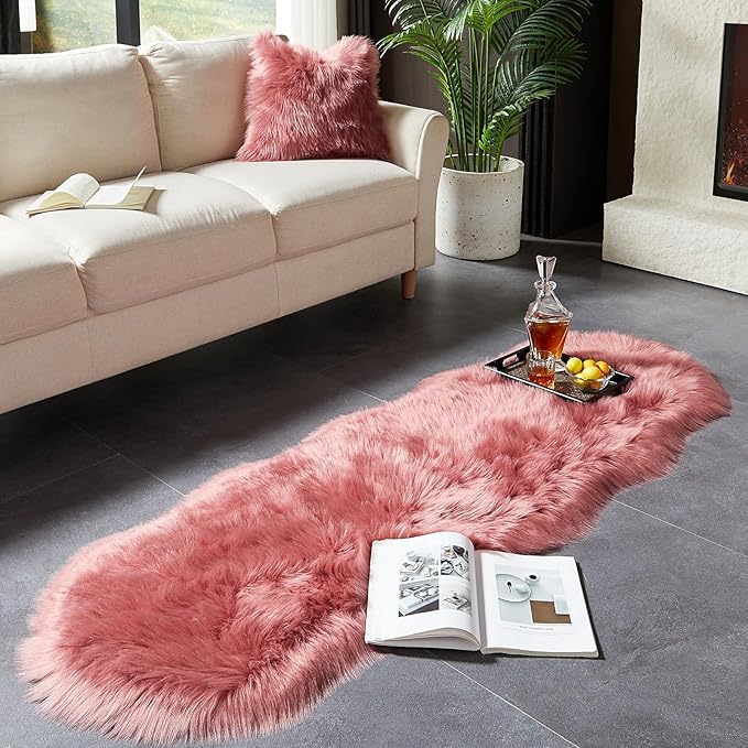 AMTOVO Faux Sheepskin Rug, Blush Pink Ultra Soft Fluffy Shag Area Rug, 2 x 6 ft Faux Fur Rug for Bedroom Sofa Throw Cushion Room Decor, Sheepskin-Ruum Studio Home
