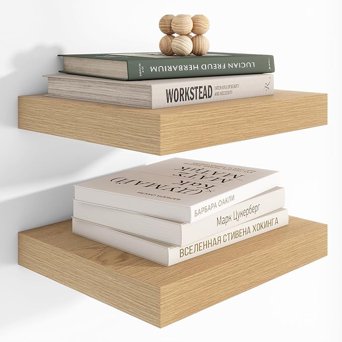 Heimlove 12 Inch Deep Floating Shelves, 12 x 12 inches Long Wall Shelf, Large Extra Display Shelf & Storage Shelf, Rustic Wood Wall Shelves for Fireplace Mantel, Oak - 2Pack-Ruum Studio Home