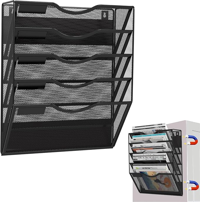 5-Tier Magnetic File Holder, No Drilling Installation File Cabinet Organizer, Black Magnetic File Organizer, Magazine Rack, Magnetic Paper Holder for Refrigerator, File Cabinets, Whiteboard-Ruum Studio Home