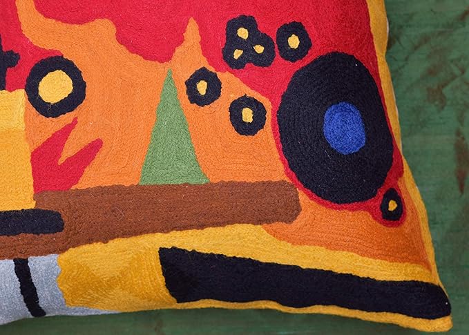 Kandinsky Contemporary Throw Pillow Cover - Heavy Red Space Modern Cushion | Abstract Throw Pillows | Contemporary Pillow | Abstract Chair Cushions | Hand Embroidered Cushion | Wool Size 18x18-Ruum Studio Home