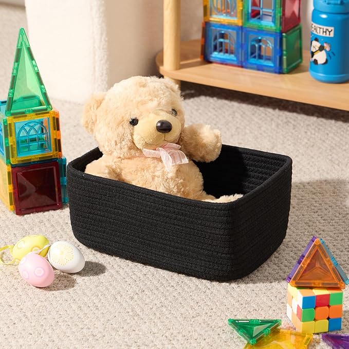 Small Storage Baskets for Organizing | Closet Organizer Bins | Shelf Toy Basket | Woven Rope Baskets | Cube Decorative Box | Shallow Basket | 11.5x7.5x4.7” | 4 Packs Black-Ruum Studio Home