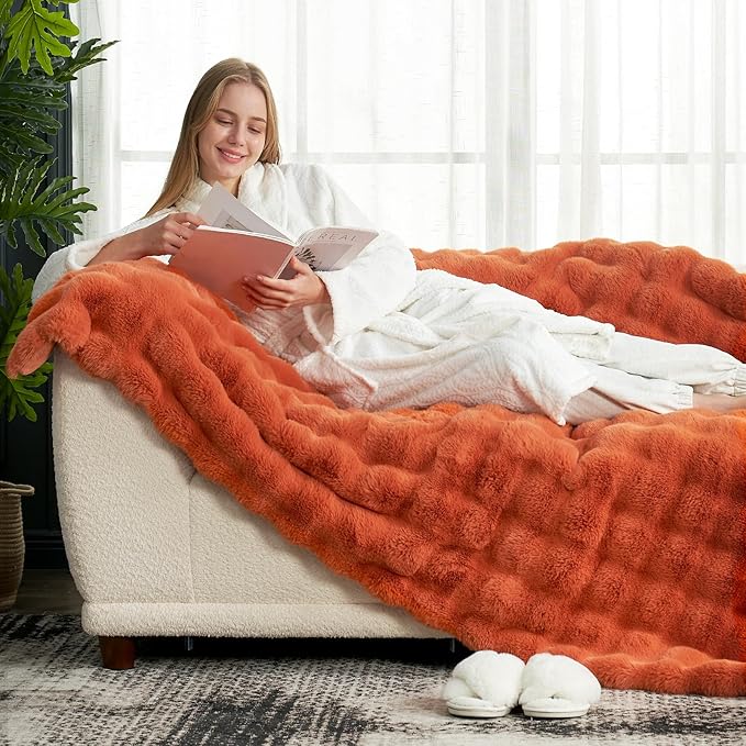 Cozy Bliss Faux Fur Throw Blanket for Couch, Fuzzy Soft Plush Thick Bubble Blanket for Sofa Bedroom Living Room, 60 * 80 Inches Burnt Orange-Ruum Studio Home