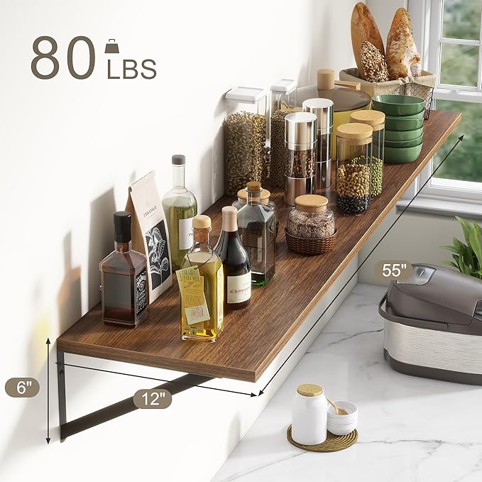 Fun Memories Deep Floating Shelves, 55W x 12D Floating Shelves for Wall, Wood Floating Shelf with Bracket, Wide Display & Storage Wall Shelves for Living Room, Bedroom, Walnut-Ruum Studio Home