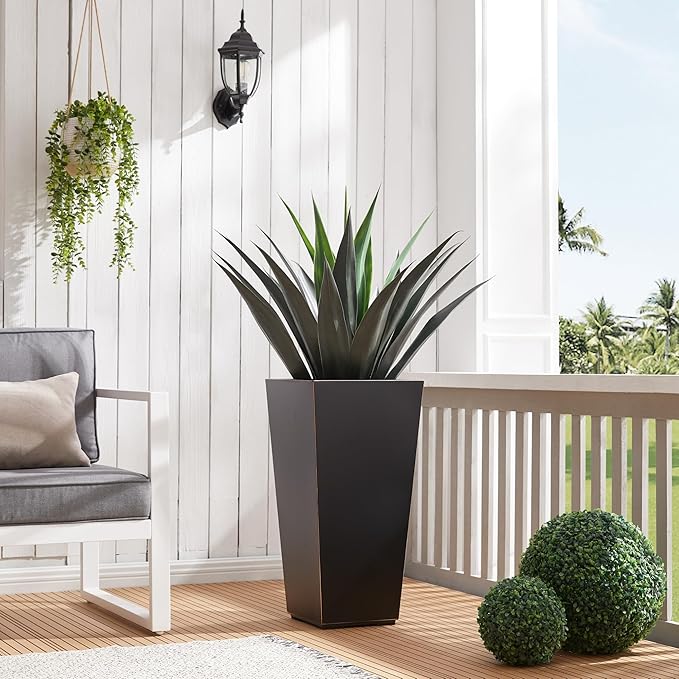 Metallic Taper Planter, 26 Inch Tall Tapered Planter for Front Porch, Patio, Deck, Garden Indoor/Outdoor Tree Planters, Set of 2 Black with Copper Hand Brushed Rim-Ruum Studio Home