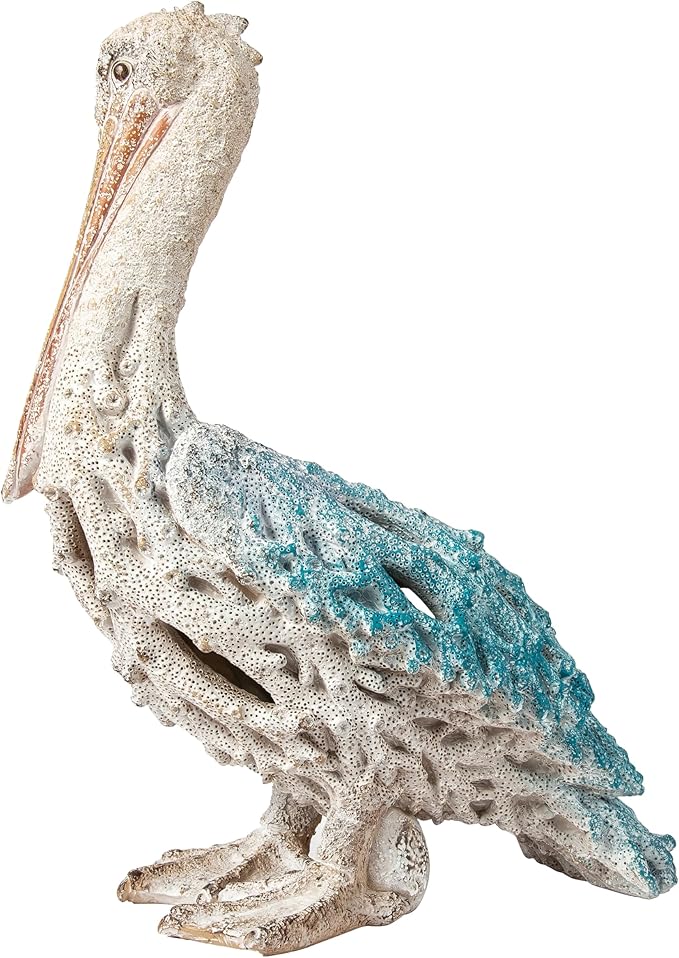 Blue Pelican Standing Figurine 13.75” Coastal Coral Reef Home Decor Nautical Beach Statue for Tabletop Shelf or Mantel Ocean Inspired Room Accents-Ruum Studio Home