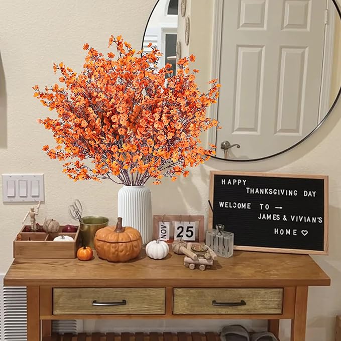 Sggvecsy 15 Pcs Babys Breath Artificial Flowers Gypsophila Bouquets Bulk Real Touch Fake Silk Flowers for Home DIY Floral Arrangement Table Centerpiece Fall Autumn Decoration (Fall Orange)-Ruum Studio Home