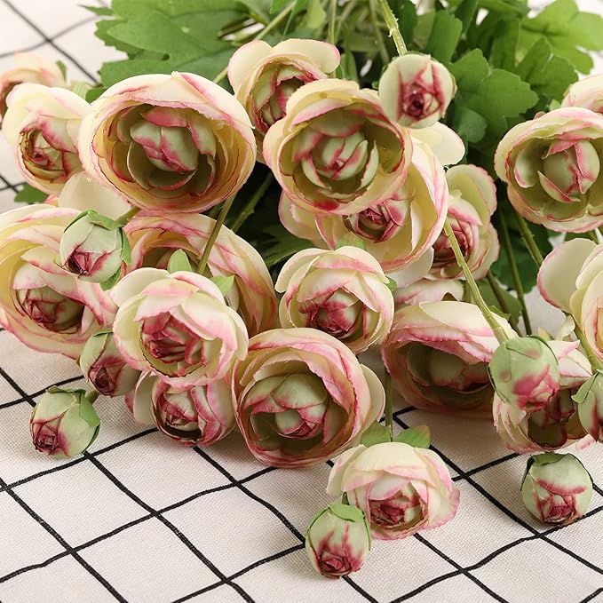 Artificial Silk Flowers Persian Buttercup Bicolor Ranunculus Flower 5 Pcs,Suitable for core Decoration,Wedding Floral Creation,Flower Arrangement DIY Project,Interior Decor（Green）-Ruum Studio Home