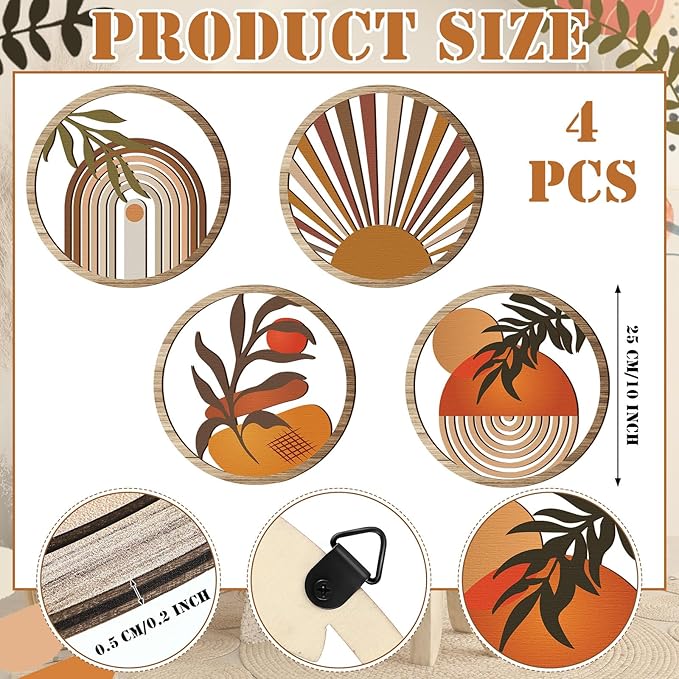 Qunclay 4 Pieces Boho Wall Art Wooden Bohemian Wall Decor Hanging Art Nursery Decor Farmhouse Geometric Hanging 10 Inch Aesthetic Wood Minimalist for Apartment Bedroom(Stylish)-Ruum Studio Home