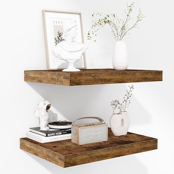 Fun Memories Floating Shelves - 2 Pack 12 Inch Deep Rustic Wooden Wall Shelves - Extra Deeper & Thicker Wall Mounted Storage Shelf for Living Room, Kitchen, Farmhouse - 16" W x 12" D x 1.5" H - Brown-Ruum Studio Home