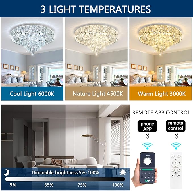 Modern Crystal Chandeliers for Dining Room LED Light Fixture Close to Ceiling Chandelier Flush Mount Ceiling Light Dimmable Lamp with Remote for Living Room Bedroom Hallway 2700K 6000K-Ruum Studio Home