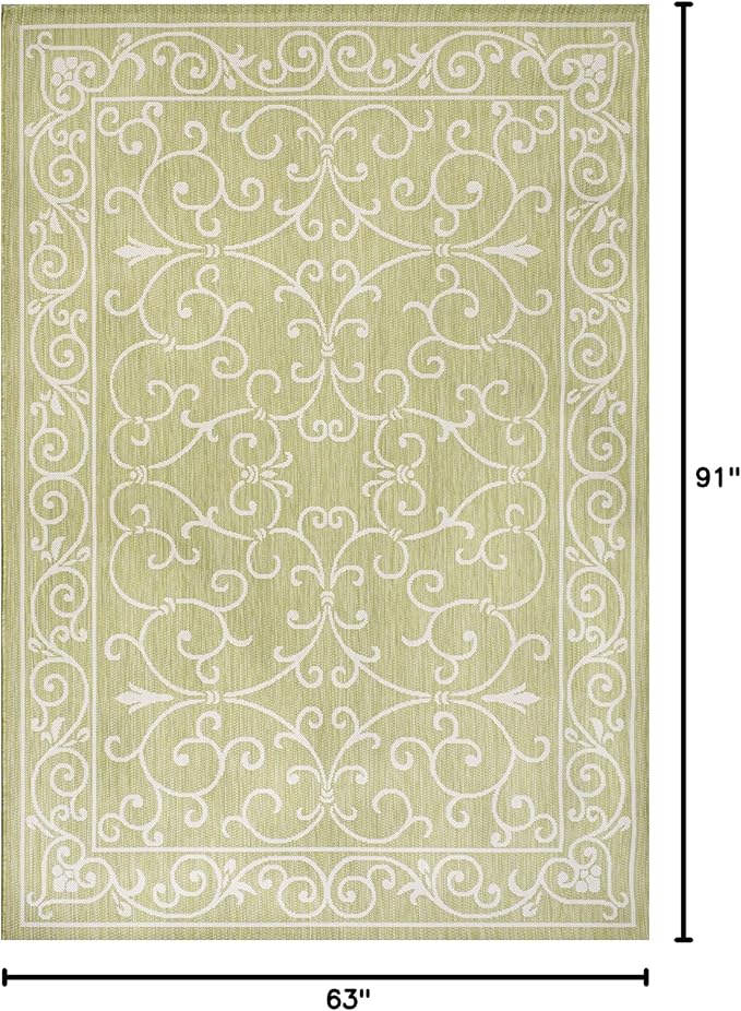 JONATHAN Y Vintage Filigree Indoor Outdoor Area Rug 5X8 Green/Cream, Charleston Textured Weave for Backyard, Patio, Porch, Easy-Cleaning, High Traffic, Pet-Friendly, Non-Shedding (SMB106H-5)-Ruum Studio Home