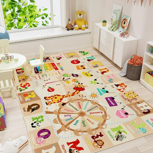 4x6 Playroom Rugs for Kids Washable, Educational and Fun Playmat with ABC Alphabet Animals Shapes Colors, Non-Slip Play Mat Learning Rugs for Baby Toddler Children Game Activity, Beige-Ruum Studio Home