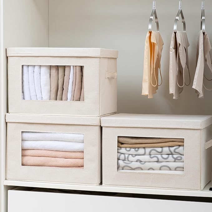 Citylife 4-Pack Storage Bins with Lids, Fabric Foldable Storage Bins with Soft Cord Handles, Cube Closet Storage Baskets with Lids, Organizers for Organizing Clothes and Books, Beige-Ruum Studio Home
