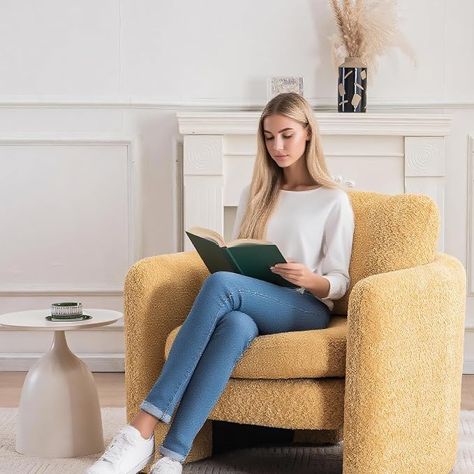 Chenille Accent Armchair Oversize Upholstered Barrel Comfy Modern Round Lounge Sofa Chair with Pillow Cozy Reading Chairs for Apartment,Office,Living Room,Dining,Makeup,Club,Yellow-Ruum Studio Home