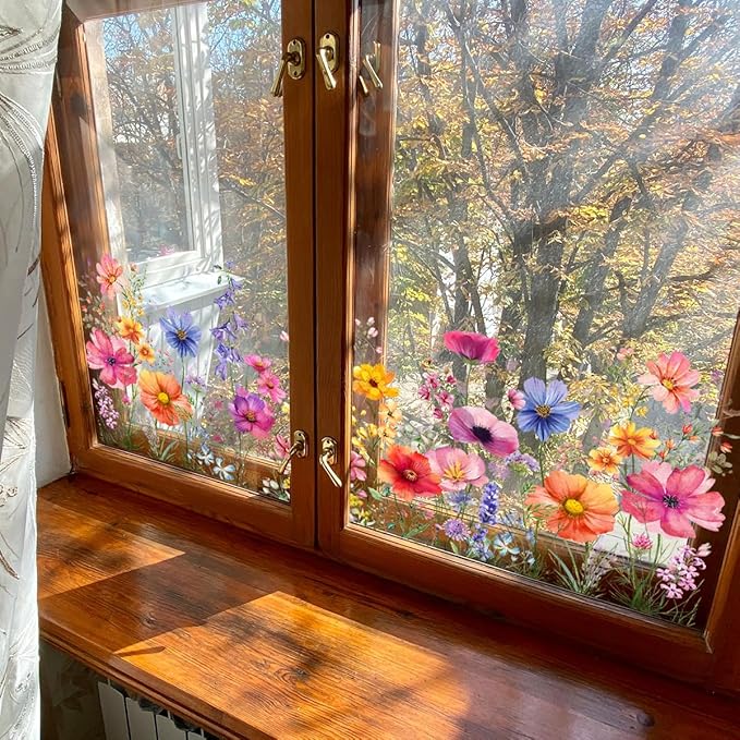 Colorful Flower Garden Window Clings, Wildflower Grass Lily Peony Poppy Floral Window Decals-Ruum Studio Home