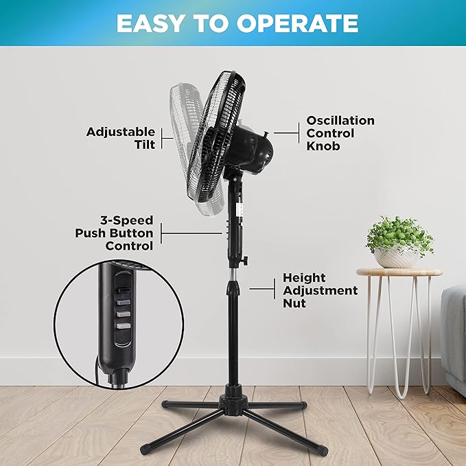 Comfort Zone Electric Oscillating Pedestal Fan, Stand Fan, 16 inch, 3 Speed, 90 Degree Oscillating Head, Adjustable Height and Tilt, Airflow 7.48 ft/sec, Ideal for Home, Bedroom & Office, CZST161BTEBK-Ruum Studio Home