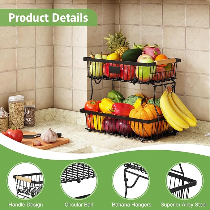 2 Tier Fruit Basket for Kitchen Counter with 2 Banana Hangers, Countertop Metal Fruit Bowl with Wooden Handle, Large Storage Stand for Vegetables, Snacks, Breads, Produce Storage – Black-Ruum Studio Home