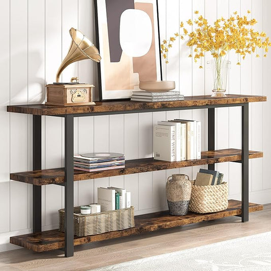 70.8 Inch Extra Long Console Table for Entryway, Narrow Hallway Table, Wood Sofa Table with 3 Tier Storage Shelves for Living Room-Ruum Studio Home