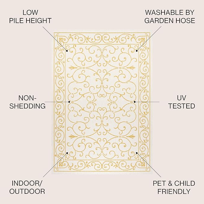 JONATHAN Y Vintage Filigree Indoor Outdoor Round Area Rug 5 Ft Cream/Yellow, Charleston Textured Weave for Backyard, Patio, Porch, Easy-Cleaning, High Traffic, Pet-Friendly, Non-Shedding (SMB106M-5R)-Ruum Studio Home
