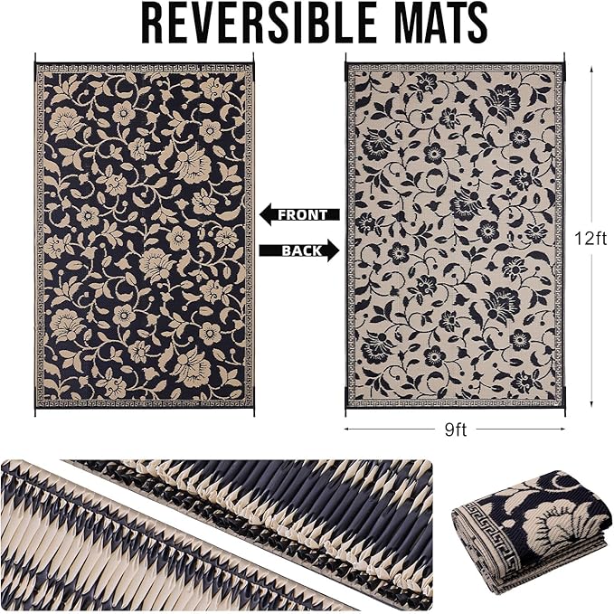 OLANLY Waterproof Outdoor Rug 9x12 ft, Outdoor Plastic Straw Rug with Flower Pattern, Reversible RV Mat for Patio, Camping, Balcony, Deck, Backyard, Black & Beige-Ruum Studio Home
