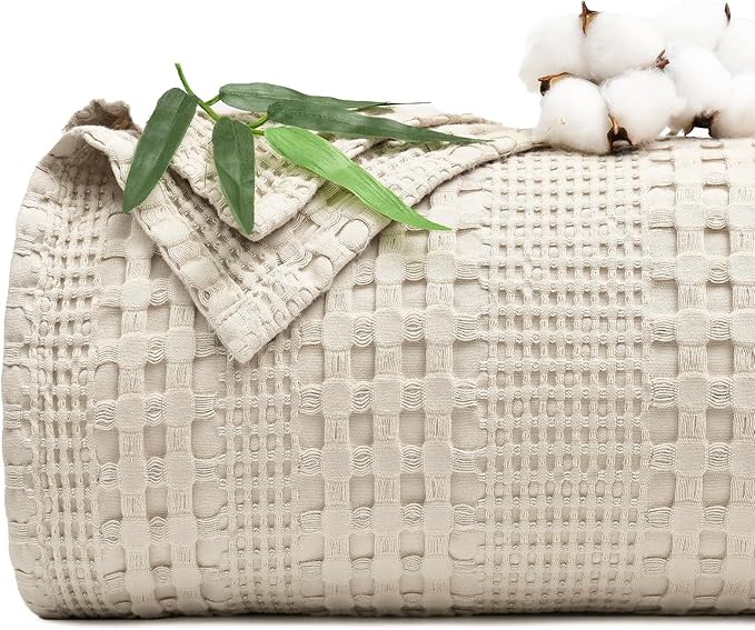 PHF Cooling Waffle Blanket California King Size, Lightweight 60% Rayon Derived from Bamboo & 40% Cotton Breathable Blanket for Hot Sleepers, Soft and Luxury for Bed Couch and Sofa, 110"x96", Linen-Ruum Studio Home