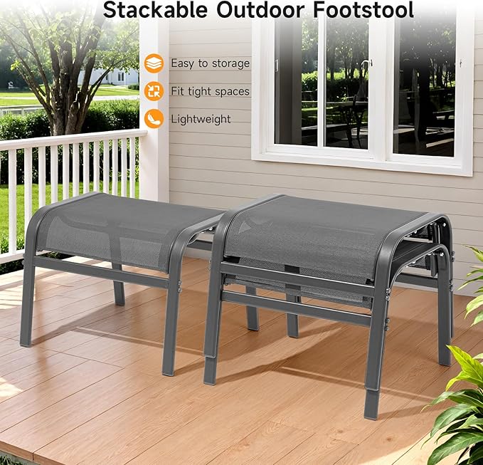 Outdoor Ottoman Set of 2, All Weather Outdoor Foot Stool with Supportive Textliene and Metal Frame, Stackable Oversized Outdoor Foot Rest for Furniture Patio Garden Pool, Grey-Ruum Studio Home