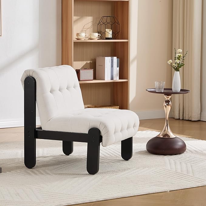 Modern Armless Accent Chair for Living Room, Beige Chenille Button Tufted Upholstered Lounge Reading Chair with Black Wood Frame-Ruum Studio Home