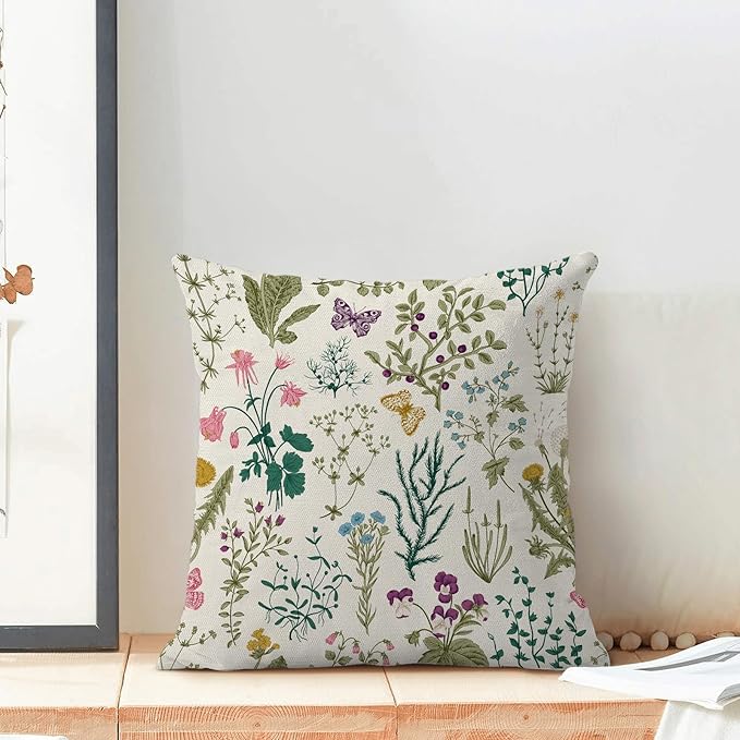 CXMEIFLY Spring Pillow Covers 18 x 18 Inch Set of 2 Vintage Sage Green Teal Wild Flowers Decor Throw Pillows Leaves Plant Outdoor Farmhouse Decorative Cushion Cases for Couch Bed Sofa Decoration-Ruum Studio Home