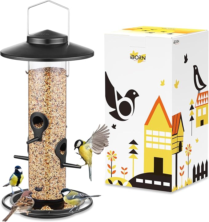iBorn Metal Bird Feeders for Outdoors, 2LB Bird Seed Feeder 17cm Large Roof &Tray, 4 Feeding Ports, Black Finish-Ruum Studio Home