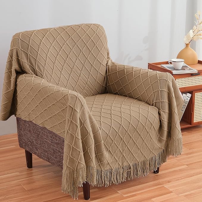 inhand Knitted Throw Blankets for Couch and Bed, Soft Cozy Knit Blanket with Tassel, Khaki Lightweight Decorative Blankets and Throws, Farmhouse Warm Woven Blanket for Men and Women, 50"x60"-Ruum Studio Home