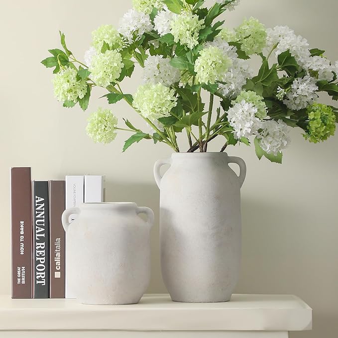 Ceramic Flower Vase Home Decor - 7.6 Inch Farmhouse Rustic White Table Vases with Handle Living Room Decoration Decorative Vintage Pottery for Kitchen Shelf Coffee Dining Desk Bookshelf Fireplace-Ruum Studio Home