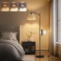 Oneach Arc Floor Lamp for Living Room with 3 Color Temperatures, Rattan Boho Floor Lamp with Hand-Woven Wicker Shade,Farmhouse Floor Lamps with Remote & Dimmable Bulb, Suitable for Bedroom（Black）-Ruum Studio Home