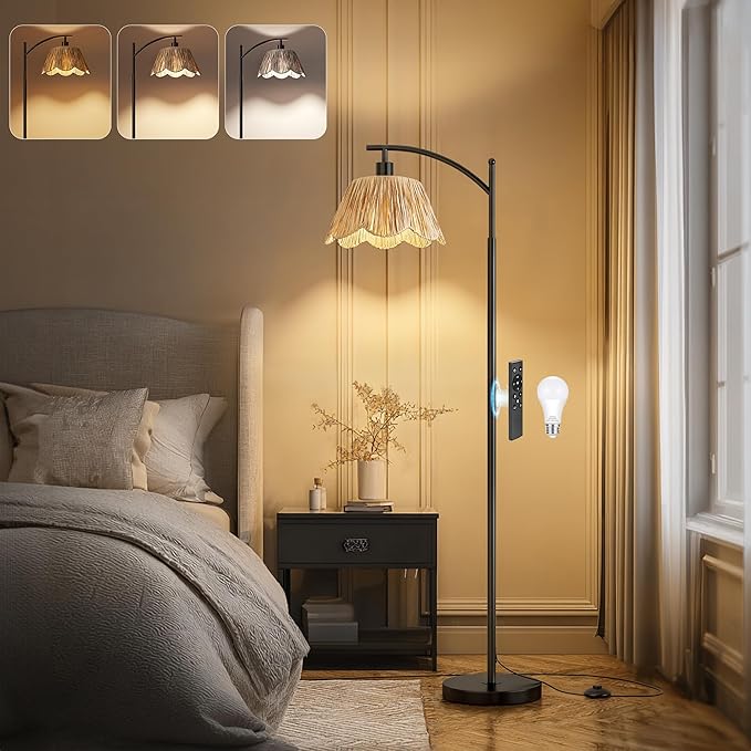 Oneach Arc Floor Lamp for Living Room with 3 Color Temperatures, Rattan Boho Floor Lamp with Hand-Woven Wicker Shade,Farmhouse Floor Lamps with Remote & Dimmable Bulb, Suitable for Bedroom（Black）-Ruum Studio Home