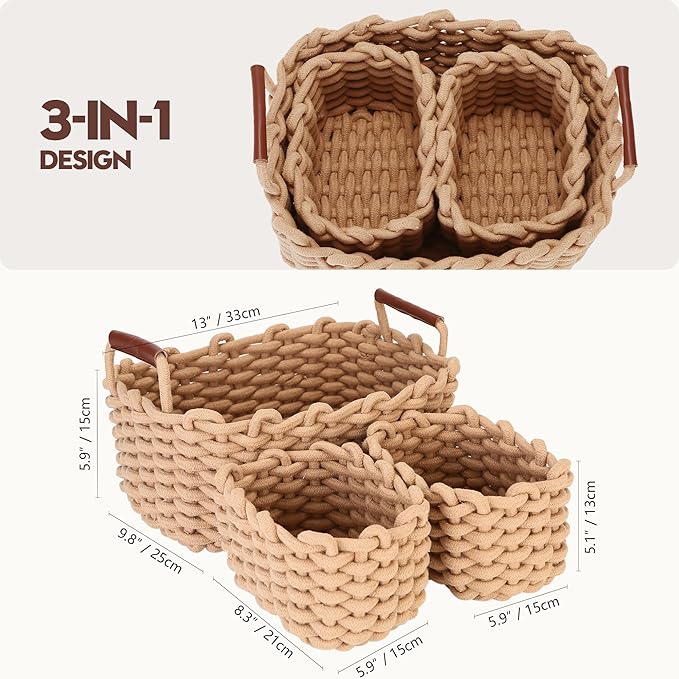 Sea Team 3-Pack Rectangle Woven Cotton Rope Storage Baskets with Handles, Shelf Basket, Closet Organizers, 3-in-1, Khaki-Ruum Studio Home