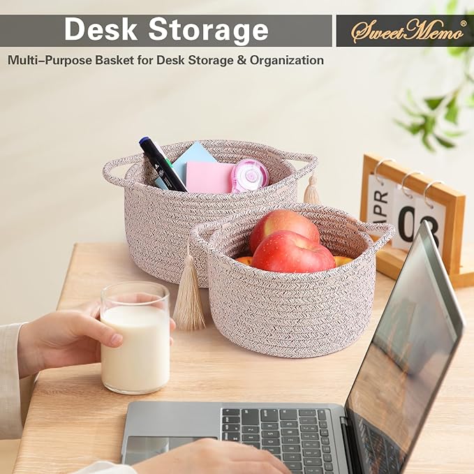 Small Soft Organizer Baskets，Decorative Mini Round Woven Rope Storage Bin Empty Gift Baskets for Man，Office, Desk Decor, Gifting, Kids, Toys, Pre Shaped, Brown, 2 Pack-Ruum Studio Home