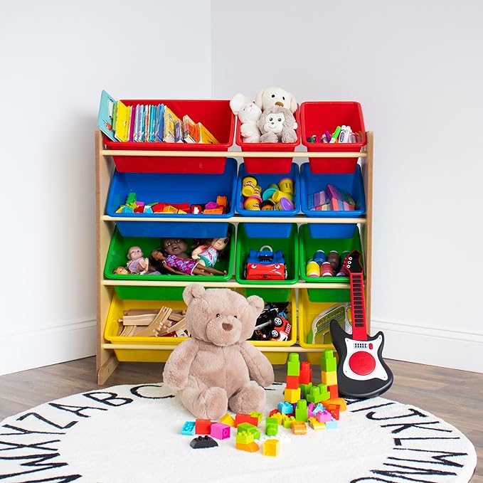 Humble Crew, Natural/Primary Kids' Toy Storage Organizer with 12 Plastic Bins, 34*35*15.5inch-Ruum Studio Home