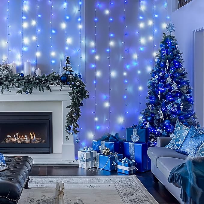 JMEXSUSS 300LED Christmas Curtain Lights Plug in with Remote, Blue and White Christmas Lights Indoor Outdoor, 8 Modes Hanging Fairy String Lights for Bedroom Window Wall Yard Patio Decor, 9.8x9.8ft-Ruum Studio Home