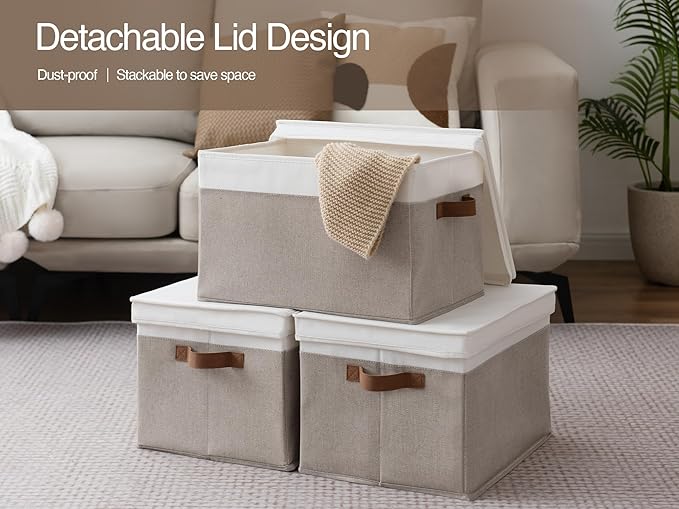 StorageWorks Storage Bins with Lids, Decorative Storage Boxes with Lid and PU Handles, Foldable Storage Baskets for Closet, Shelves, Stackable, Brown and White, Jumbo, 3-Pack-Ruum Studio Home